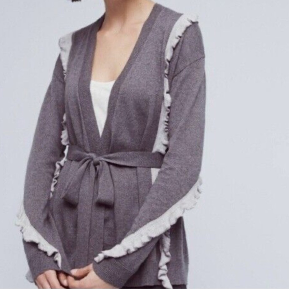 Sparrow Cotton Cashmere gray‎ cardigan silver metallic ruffle, tie waist XS